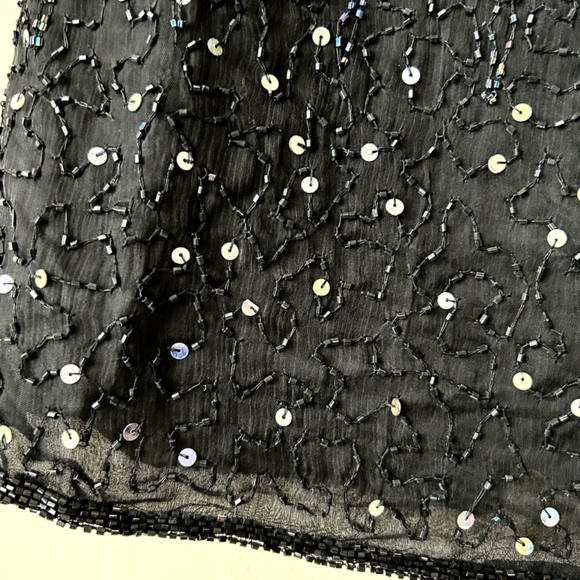Black Beaded Top Short Sleeve Silver Sequins Bead Trim  Vintage Size Petite PP - Picture 6 of 13